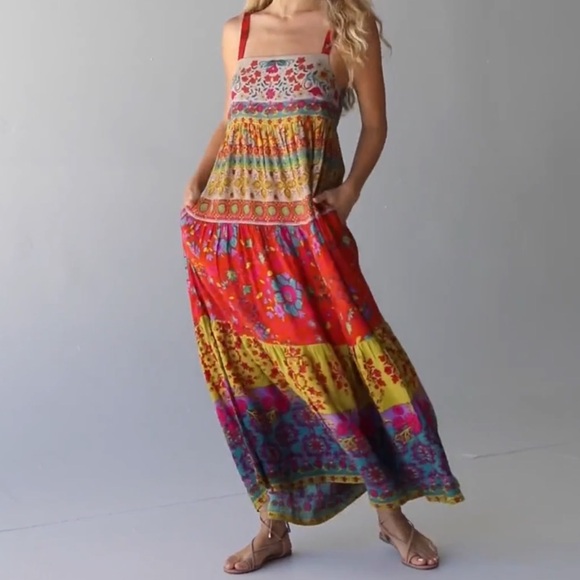 Natural Life Patricia Maxi Dress in Red Mustard Border Boho Festival Size XL - Picture 15 of 16